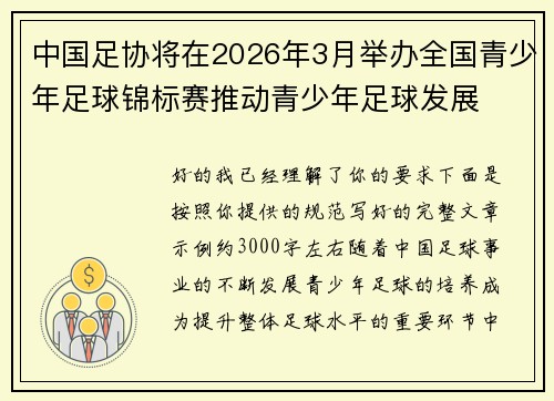 中国足协将在2026年3月举办全国青少年足球锦标赛推动青少年足球发展