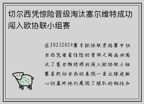切尔西凭惊险晋级淘汰塞尔维特成功闯入欧协联小组赛