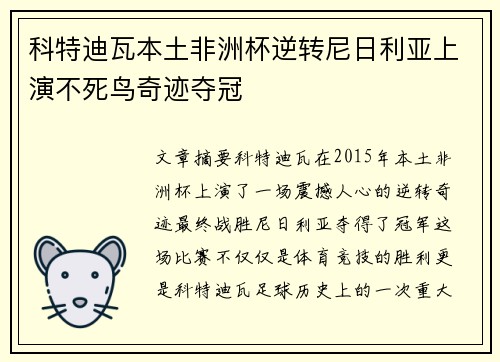 科特迪瓦本土非洲杯逆转尼日利亚上演不死鸟奇迹夺冠